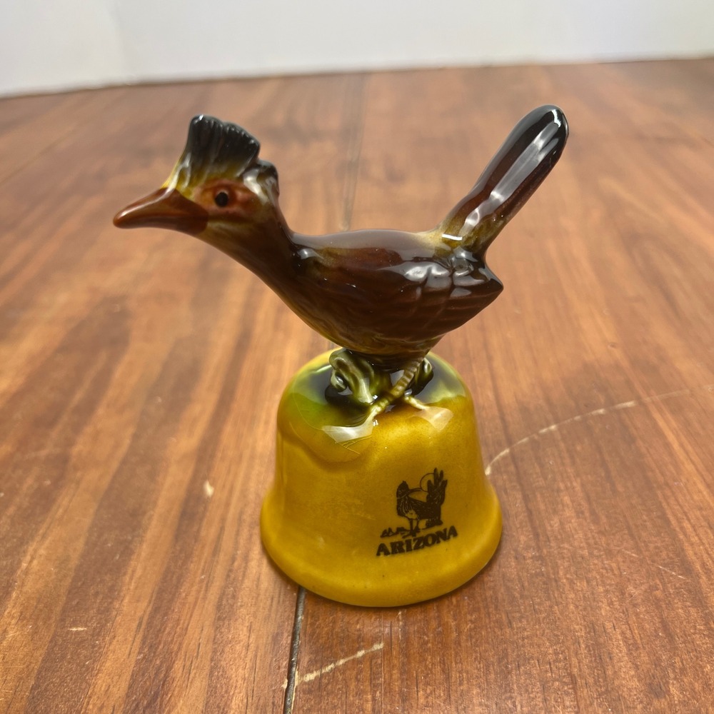 Vintage Arizona Roadrunner Porcelain Souvenir Bell Figurine Brown Yellow